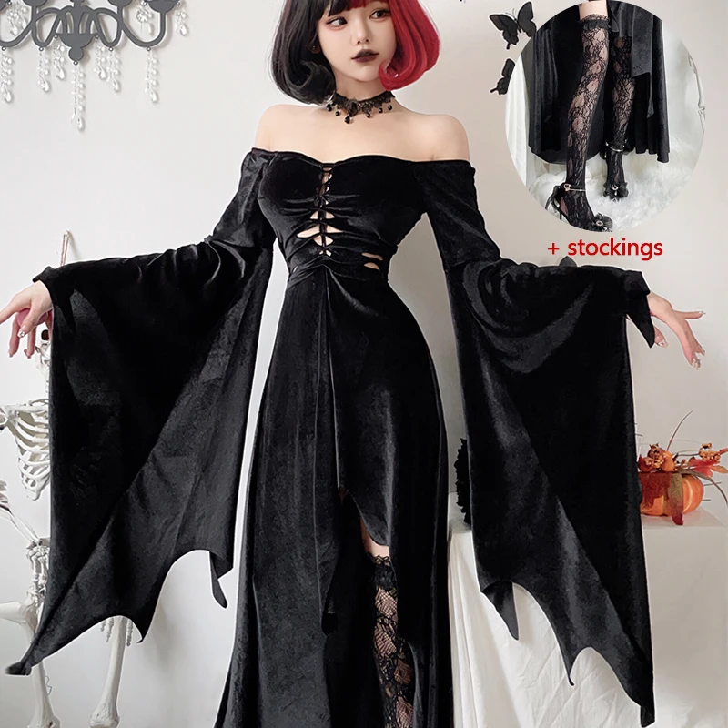 Morticia Addams Cosplay Costume Women's Gothic Dress Sexy Dress Medieval Vintage Witch Long Skirt Bat Sleeve Mermaid Dresses