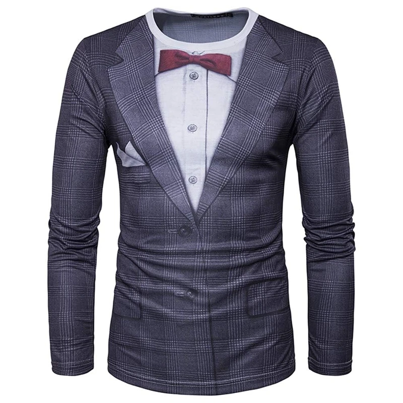 Realistyczny garnitur smoking 3D nadrukowany wzór t-shirty męskie z długim rękawem moda codzienna T-shirt bluza oddychająca odzież uliczna Tshirt