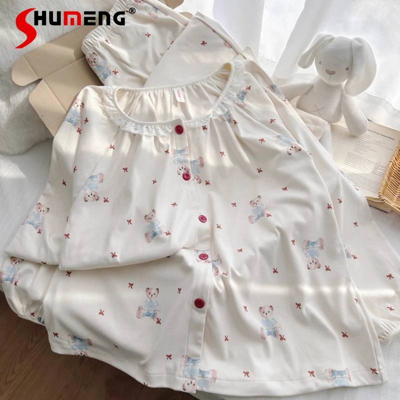 

Sweet Lace Patchwork Women's Pajamas Autumn Winter New Home Wear Female Japanese Style Long Sleeve Long Pants Warm Set
