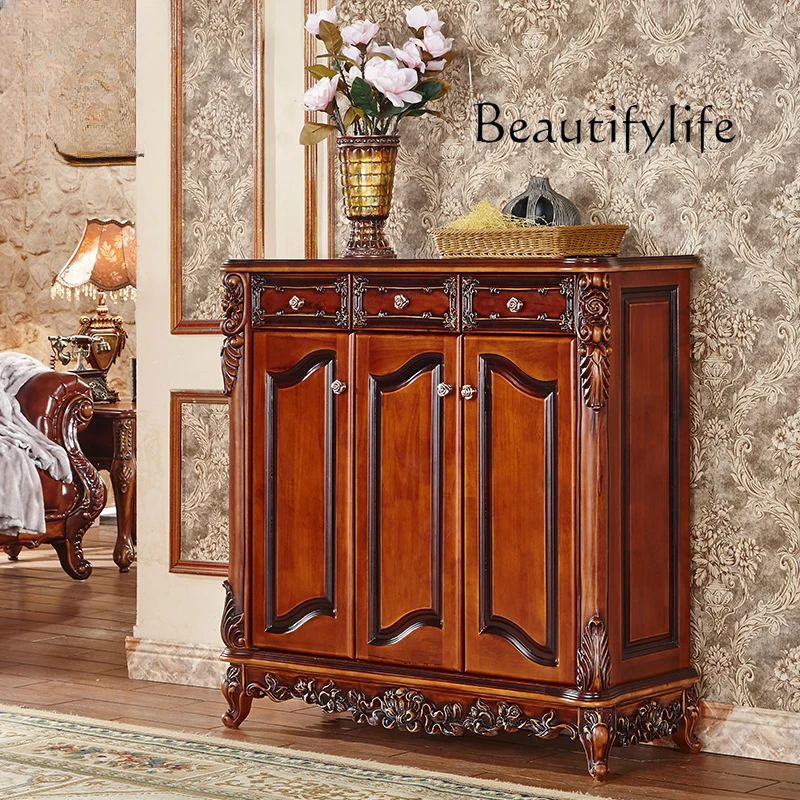 European Entry Lux Wood Carved Hallway Locker American Retro Home Three-Door Shoe Cabinet