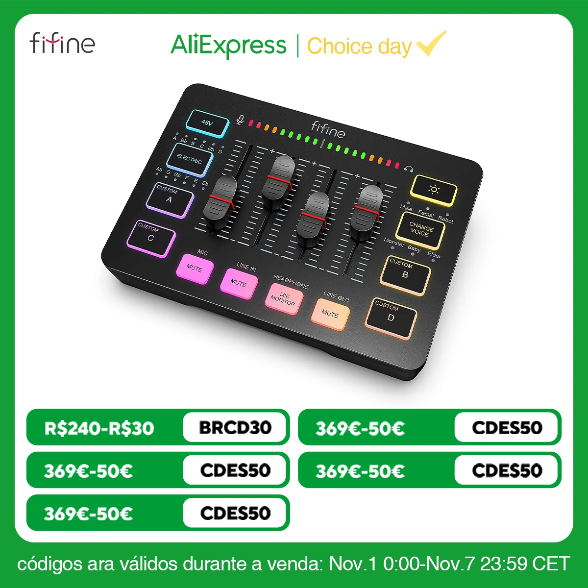 FIFINE Gaming Audio Mixer,Streaming 4-Channel RGB Mixer with XLR Microphone Interface,for Game Voice,Podcast,AmpliGame SC3