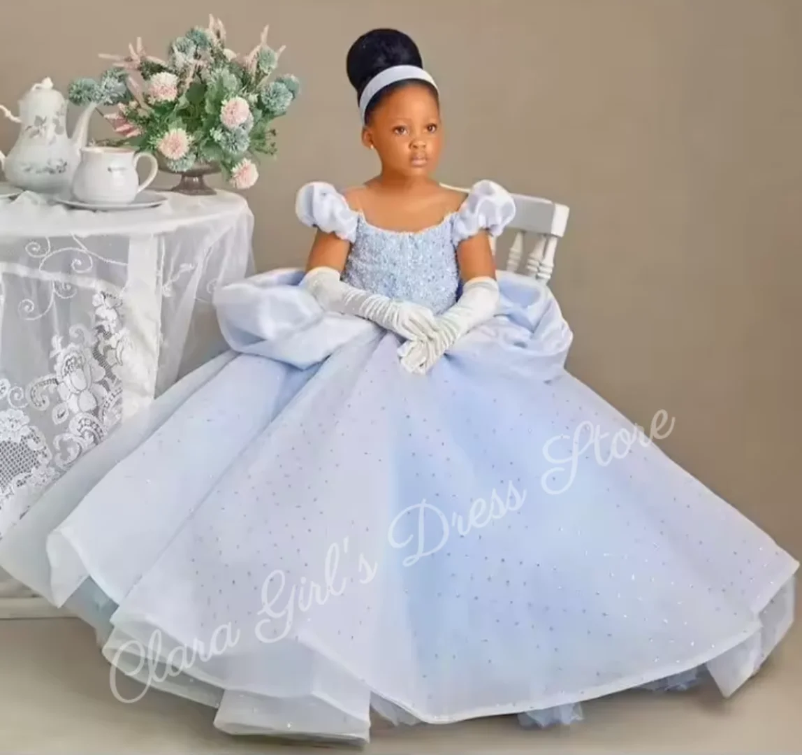 Robe de soirée à fleurs bleu clair pour filles, tenue de soirée à paillettes, col rond, ourlet Long, pour fête d'anniversaire, première Communion