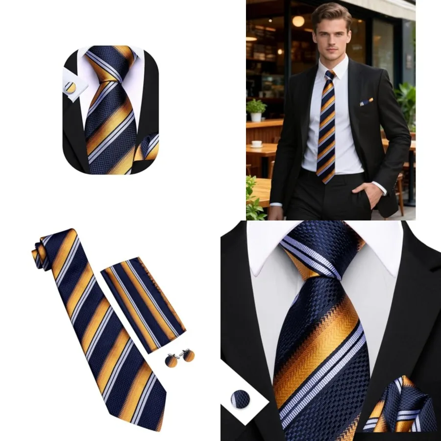 

Mens Tie Set Plaid Check Neckties Formal Business Wedding Luxury Pocket Square Cufflinks, Navy Blue Gold a