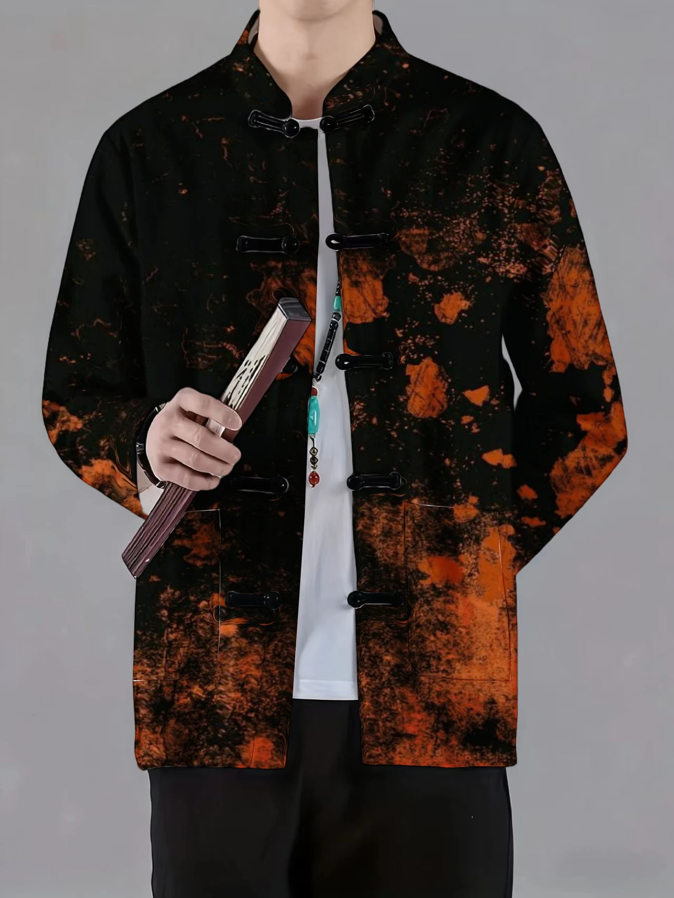Men Mandarin Collar Frog Button Jacket Gradient Splatter Floral Vintage Texture Print Traditional Outerwear