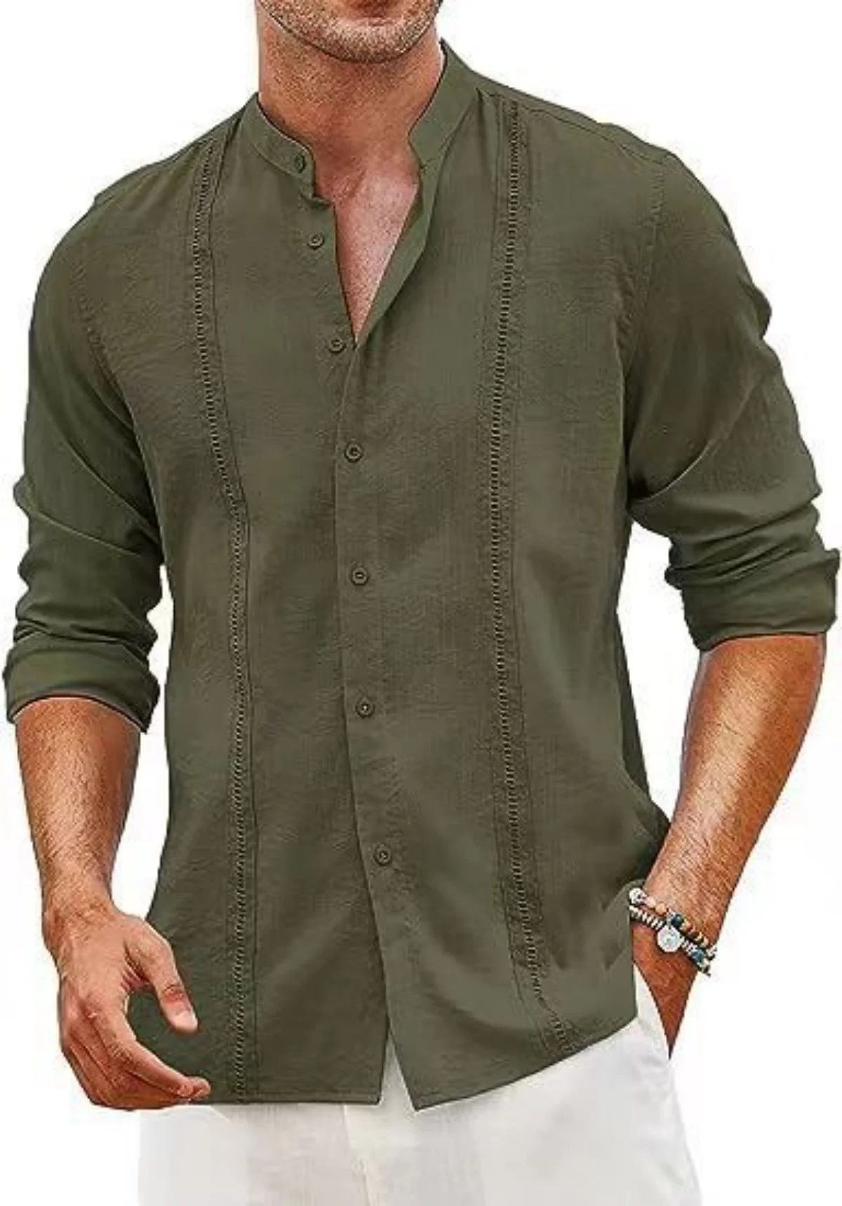 Fall 2024 new men\'s Cuban style casual button Beach Resort cotton linen shirt stand collar