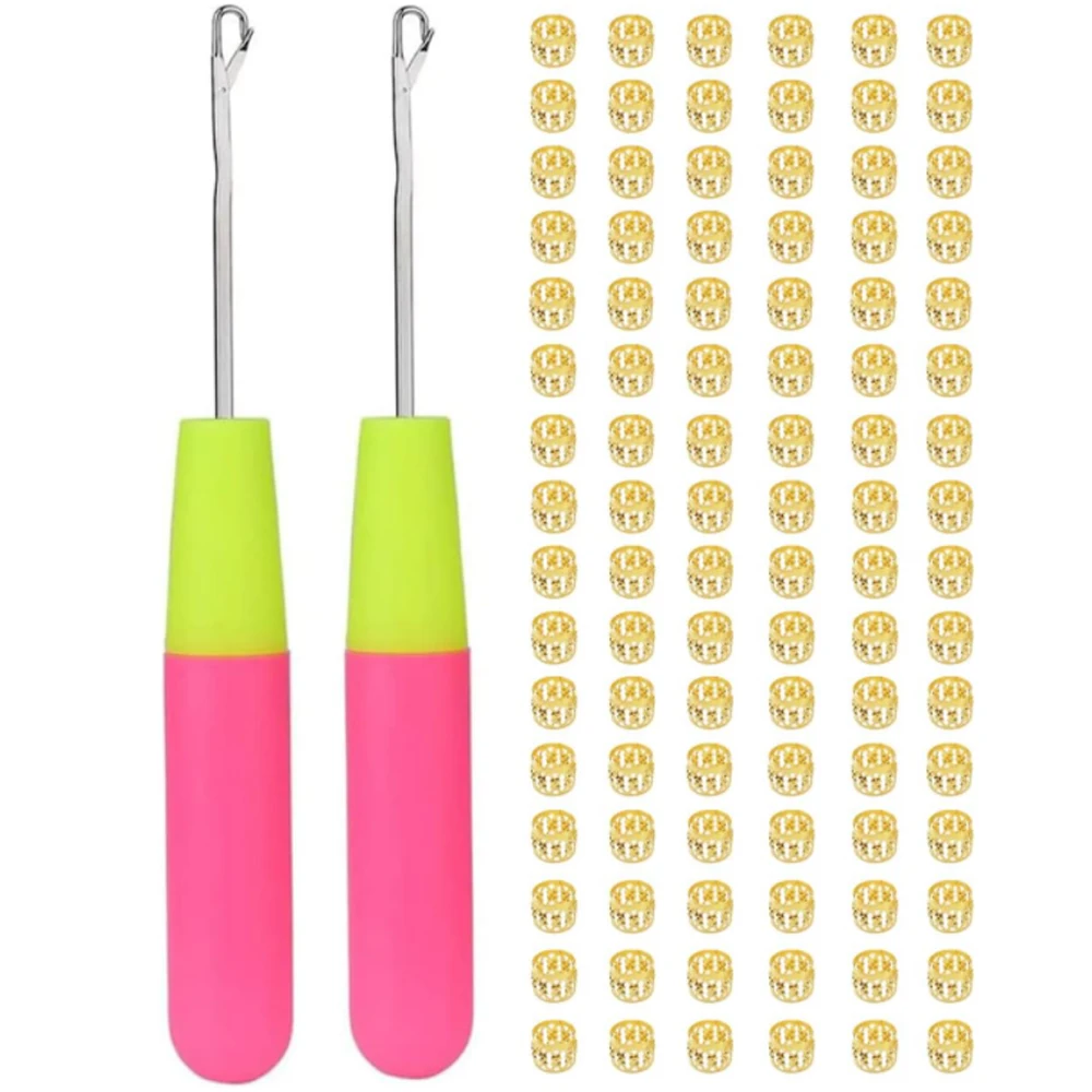 

2PCS Crochet Hooks And 100 Pcs Gold Color Metal Decoration,Crochet Needles for Crocheting Braids Hair Extension Latch Hook Tool