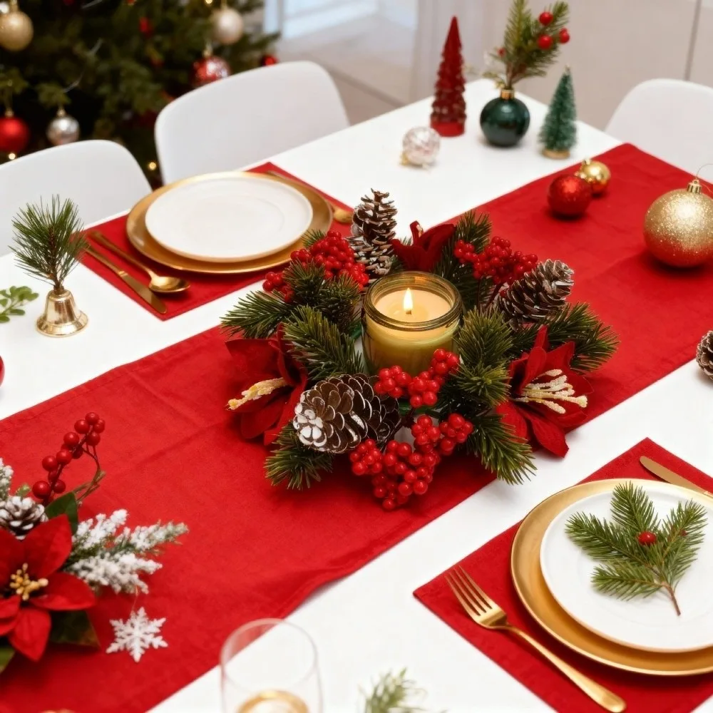 Red Berry Christmas Wreath Candlestick Pinecone Pine Needle Wreath Candle Holder Home Ornaments Table Decoration