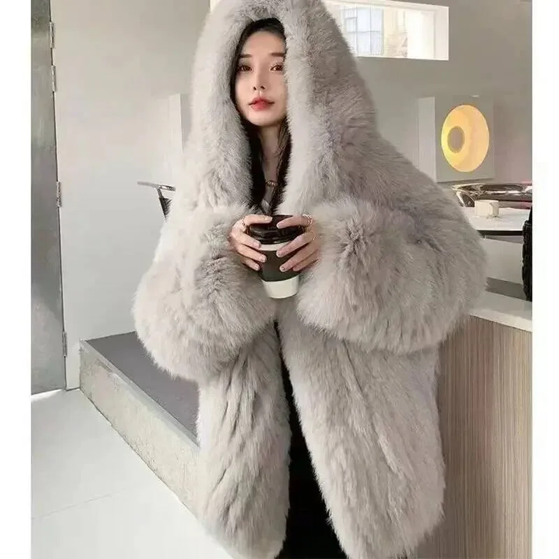 

Imitation Fox Women's 2025 Winter New Hooded Loose Slimming Fur Coat Trendy Street Internet Celebrity Same Style