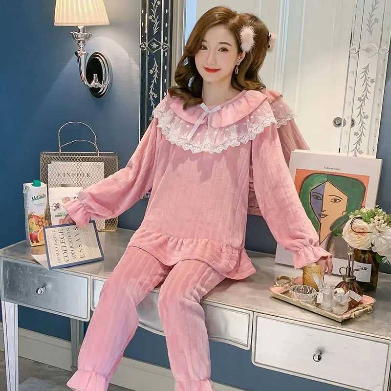 Coral Fleece Pajama Sets Women Winter Warm Sleepwear Long Sleeve Trouser Pajamas Flannel Thick Loungewear Korean Kawaii Clothes