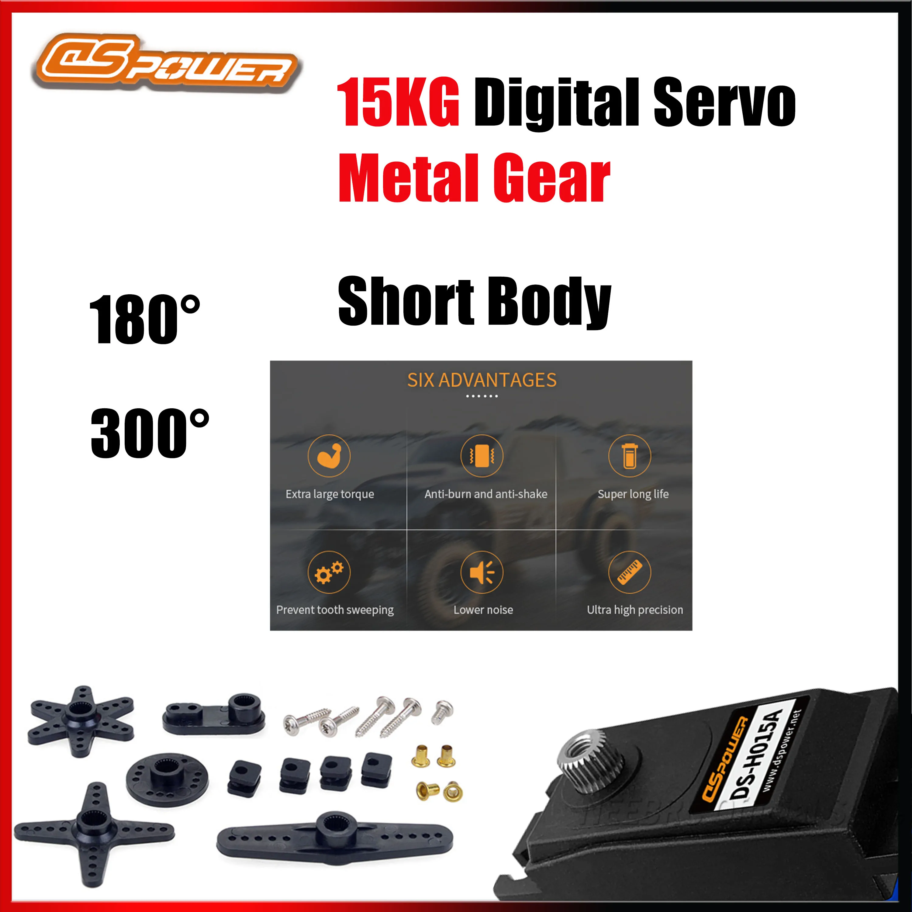 

DSpower 15KG Metal Gear 180° 300° Standard Digital Servo Short Body Half Aluminum Shell Low Profile for 1:10 RC Car Drone Robot