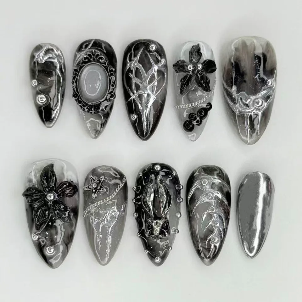 24 piezas de uñas postizas con lazo plateado y diamantes, estilo chica picante, con pegamento, en forma de almendra, negras, estilo Y2K 4