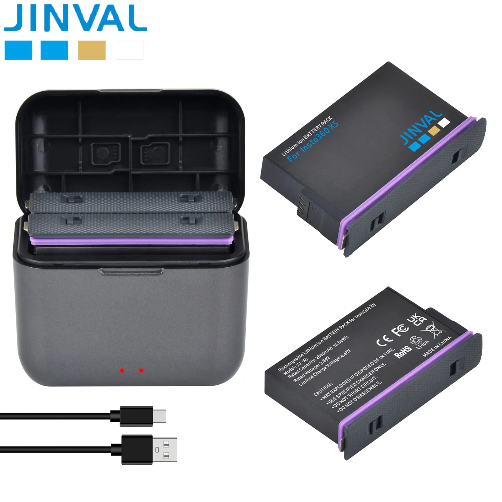 

JINVAL For Insta360X5 Camera Batteries Replacement Battery 2800mAh + PD20W Fast Dual Charging Case For insta360 x5 Accessories