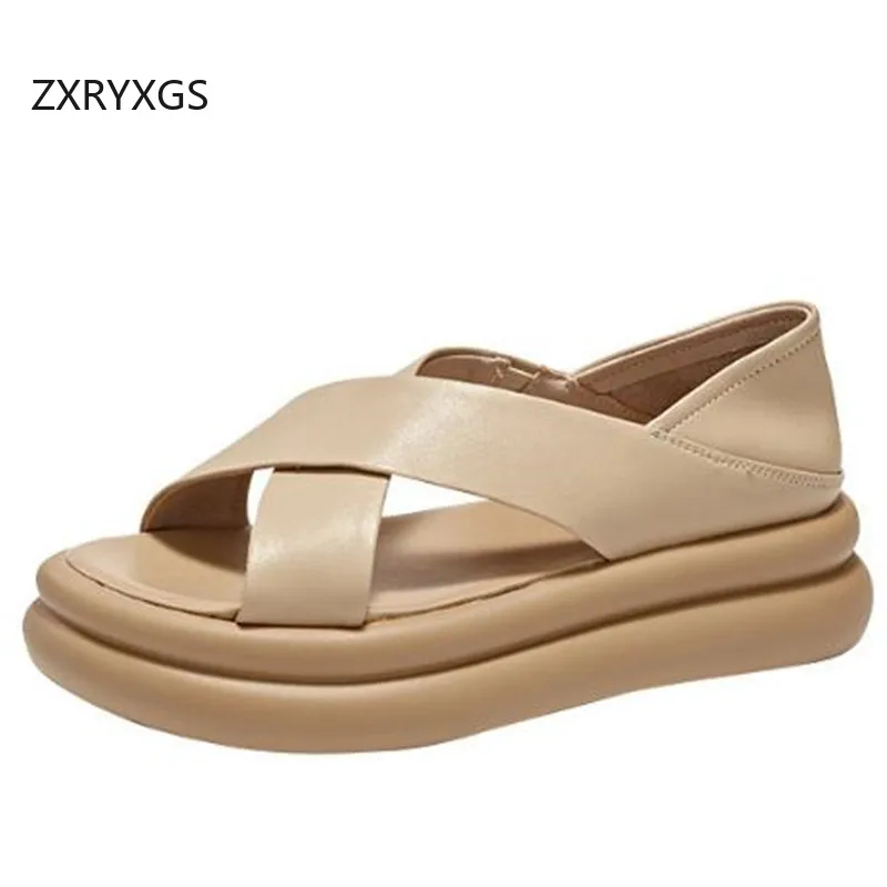 ZXRYXGS New Summer Genuine Leather Sandals 2024 Bestselling Open Toe Thick Sole Elevated Shoes Women's Sandals Casual Shoes Tide