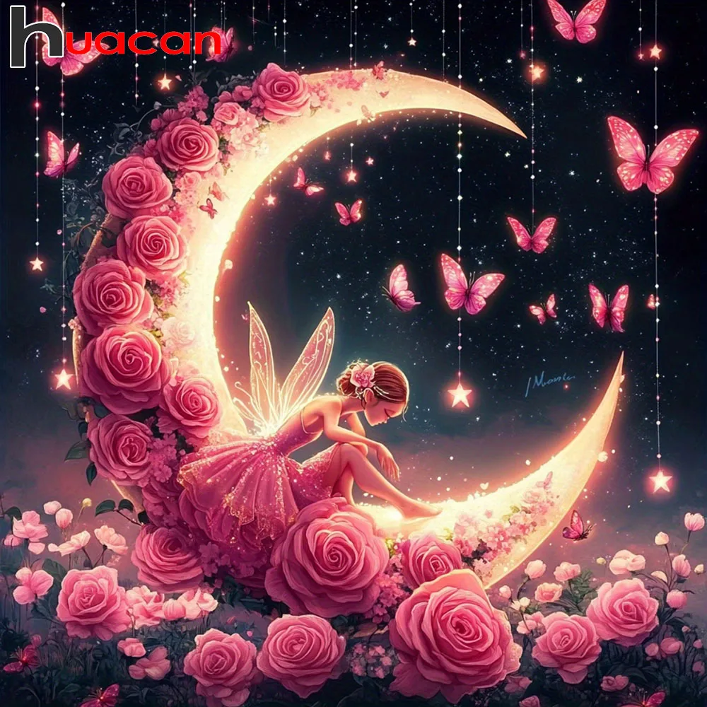 Huacan Neue Diamant-Malerei Rose Strass Vollquadratisch Rund Mosaik Mond Neuheiten Heimdekoration