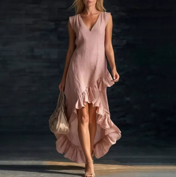 

Women Dress 2026 Spring Summer New Solid Color V-Neck Sleeveless Ruffles Irregual Hem Slim Fit Daily Casual Vacation Long Dress