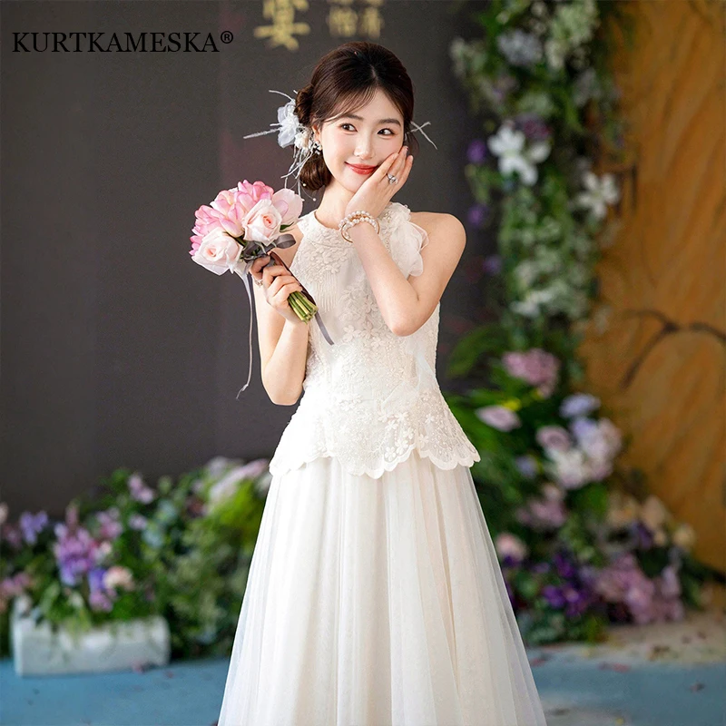 

White O-Neck Lace & Tulle Wedding Dress Sleeveless A-Line Floor-Length Bridal Gown For Women Elegant Simple Style Evening Dress