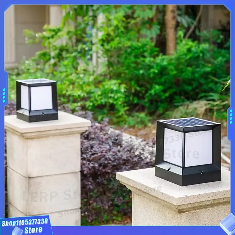 Modern Square Solar LED Pilaster Light 5W IP65 Waterproof Aluminum PC Outdoor Lamp Dimmable 2500mAh Battery 6000K Daylight