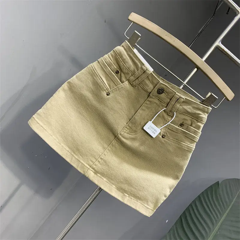 Khaki High Waist Denim Skirt For Women Anti Exposure Bodycon A Line Skirts Vintage Casual Petite Slim Fit Daily Short Skirt