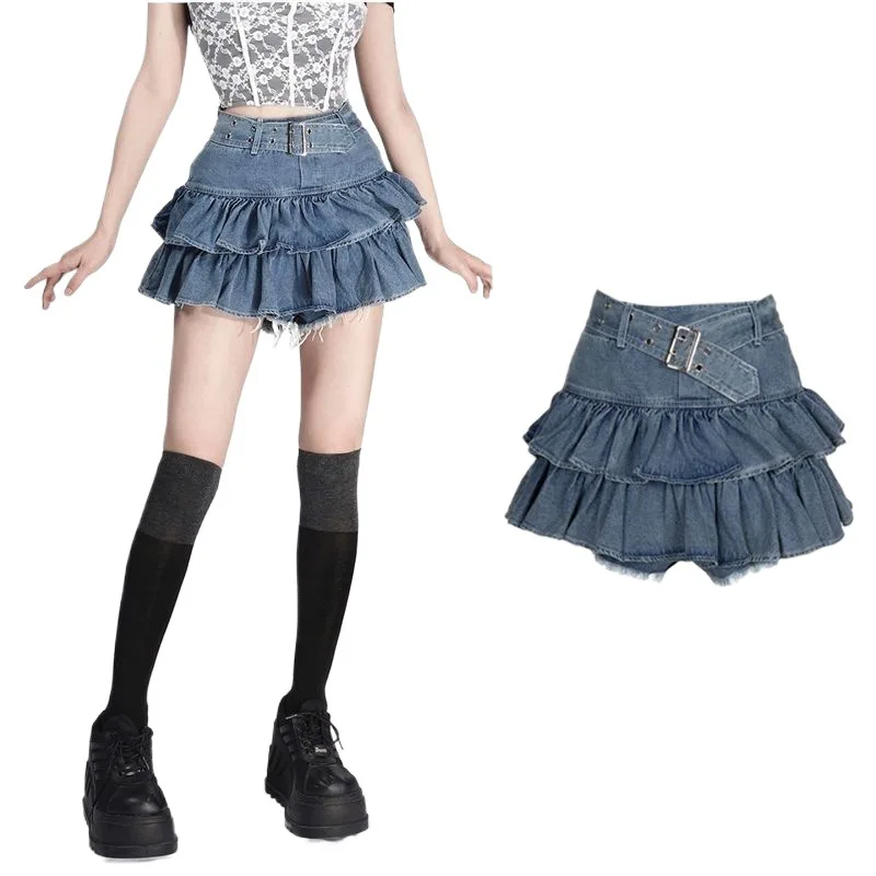 

2025 Fashion Spring Summer Double Layered Ruffled Edge Fake Two Piece Anti Glare High Waist Anti Glare Cake Skirt Denim Skirt