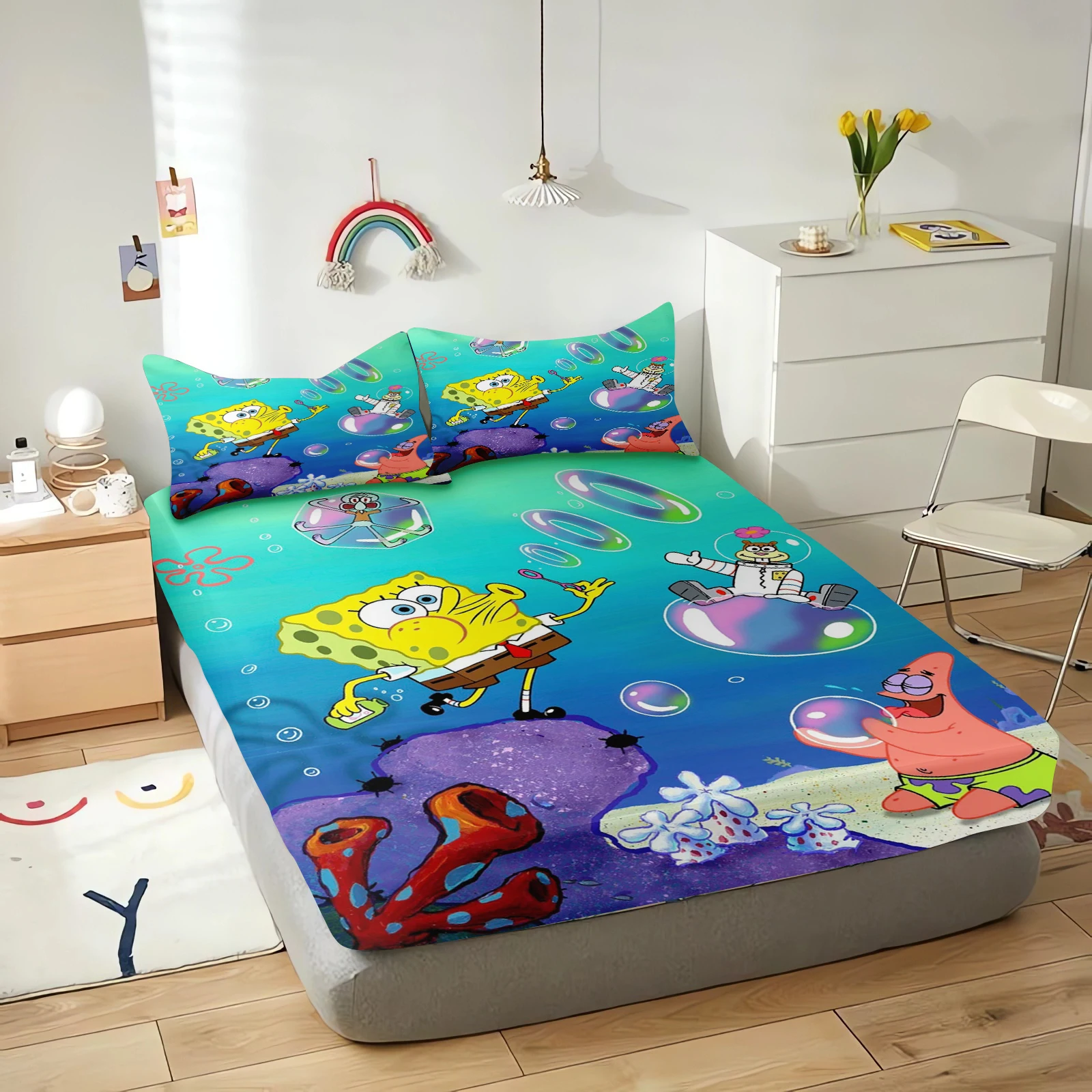 SpongeBob Cartoon Fitted Sheets Anime Printing Cute Children's Bedroom pillowcase Set ​Polyester Adult Gift Bedding