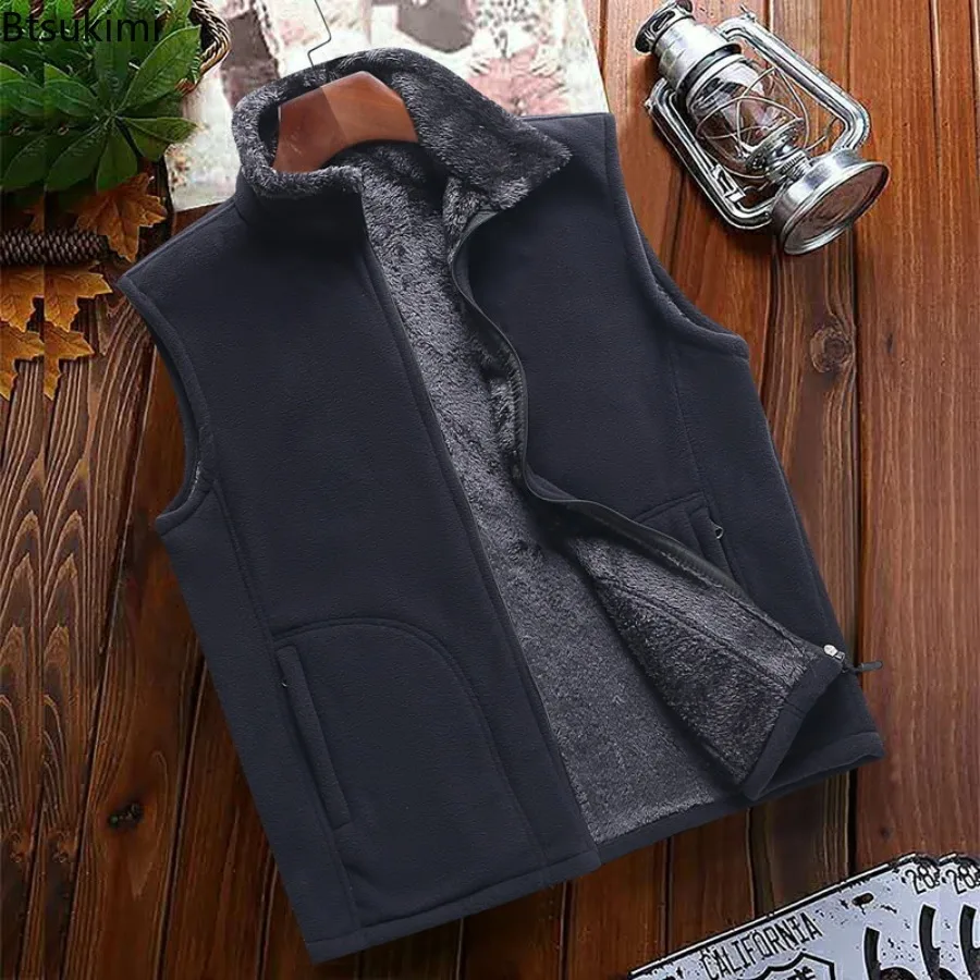 

New Autumn Winter Men's Fleece Vests Casual Stand Collar Warm Sleeveless Jackets Pocket Zipper Thermal Windproof Waistcoats Male