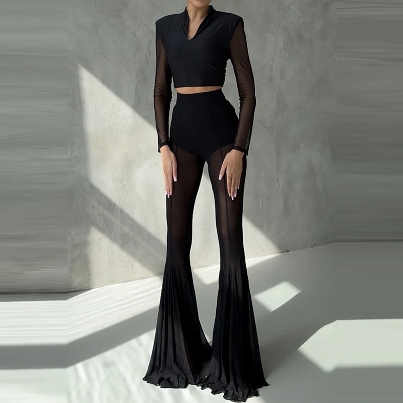 Fashion Elastic High Waist Solid Flared Trousers Sexy Slim Fit Party Women Pants Elegant Patchwork Mesh Perspective Long Pants