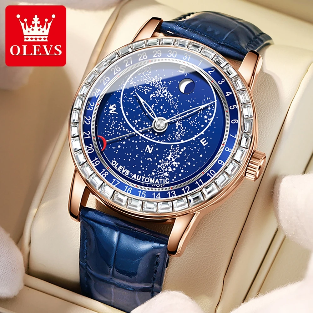 OLEVS 9923 Moon Phase Man Watch Starry Sky Rotation Seconds Hands Diamond Bezel Luminous Automatic Mechanical Watches for Men