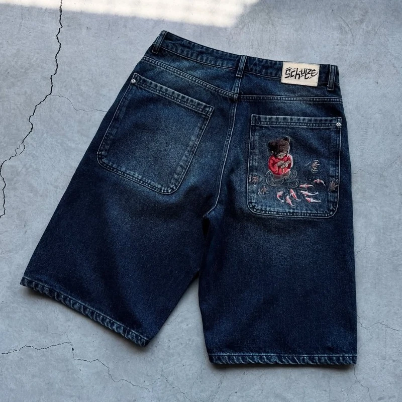 Y2K السراويل زهر الكرز Selvedge التطريز Harajuku فضفاض الدنيم السراويل الأمريكية الهيب هوب الشارع الشهير الرجال النساء السراويل غير رسمية