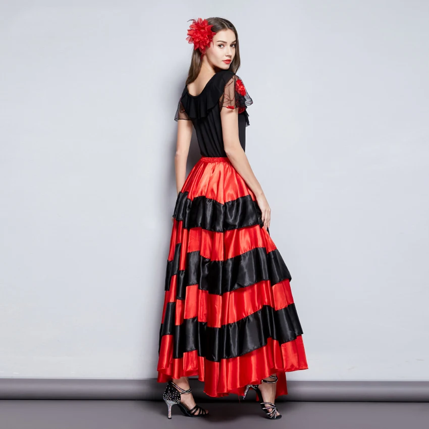 New Adult Kids Gypsy Girls Women Spanish Flamenco Skirt Striped Satin Silk Big Swing Belly Dancing Red Skirt Team Performance