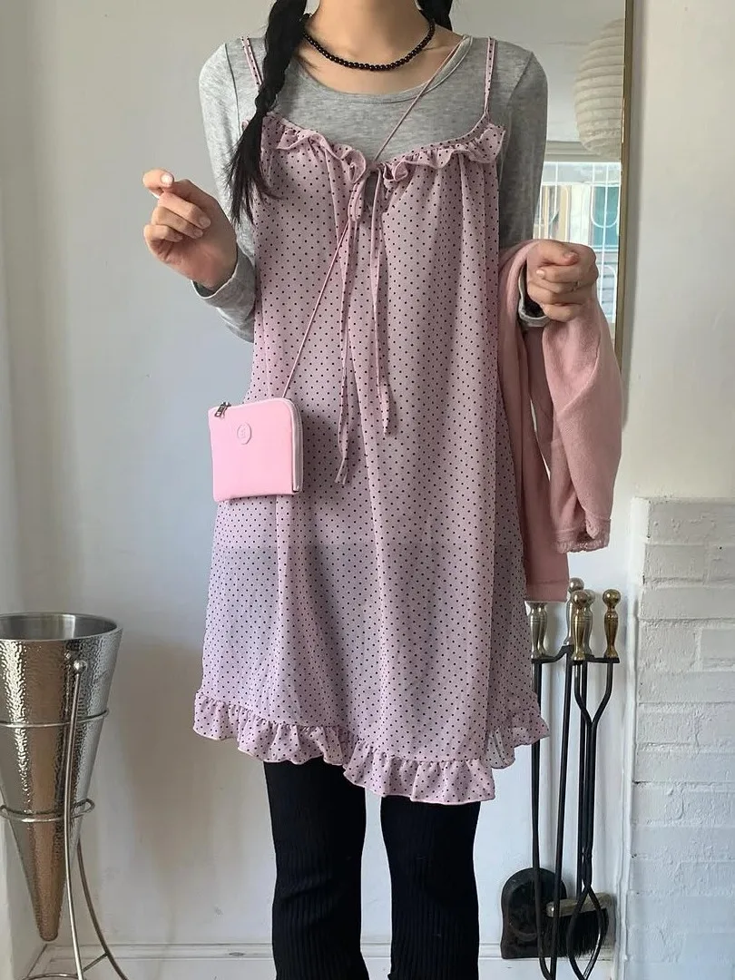 Vestido  de Verão com Estampa de Poá para Mulheres, Estilo Coreano, Com Cinto, Saia em Camadas com Babados, Sem Mangas, S...