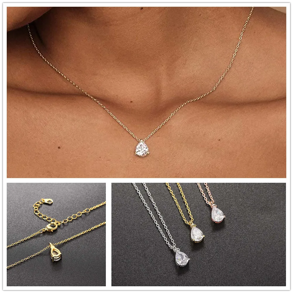 Korean Choker Necklace for Women Minimalist Gold Color Heart Waterdrop Crystal Pendant Chain Wedding Gift Necklaces Jewelry N481