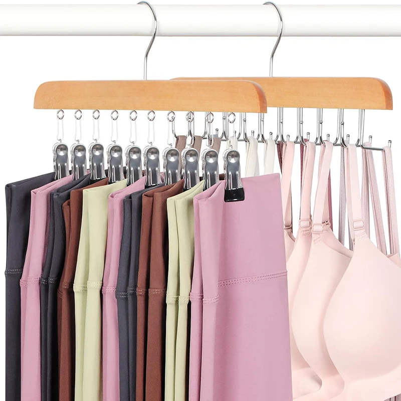 10 Clips Legging Organizer for Closet, Wooden Closet Leggings Hanger Organizer Space Saving Multi Clip Hanger for Pants Scarfs