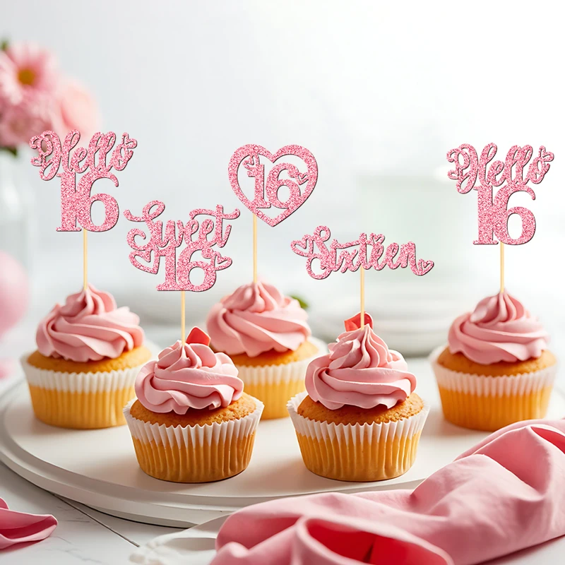 NUBECOM 24 Stück Sweet 16 Kuchendekoration Glitzer Hello 16 Cupcake-Topper Sixteen Happy 16th Cupcake-Dekorationen Geburtstagstorten-Aufsätze – Detail 9