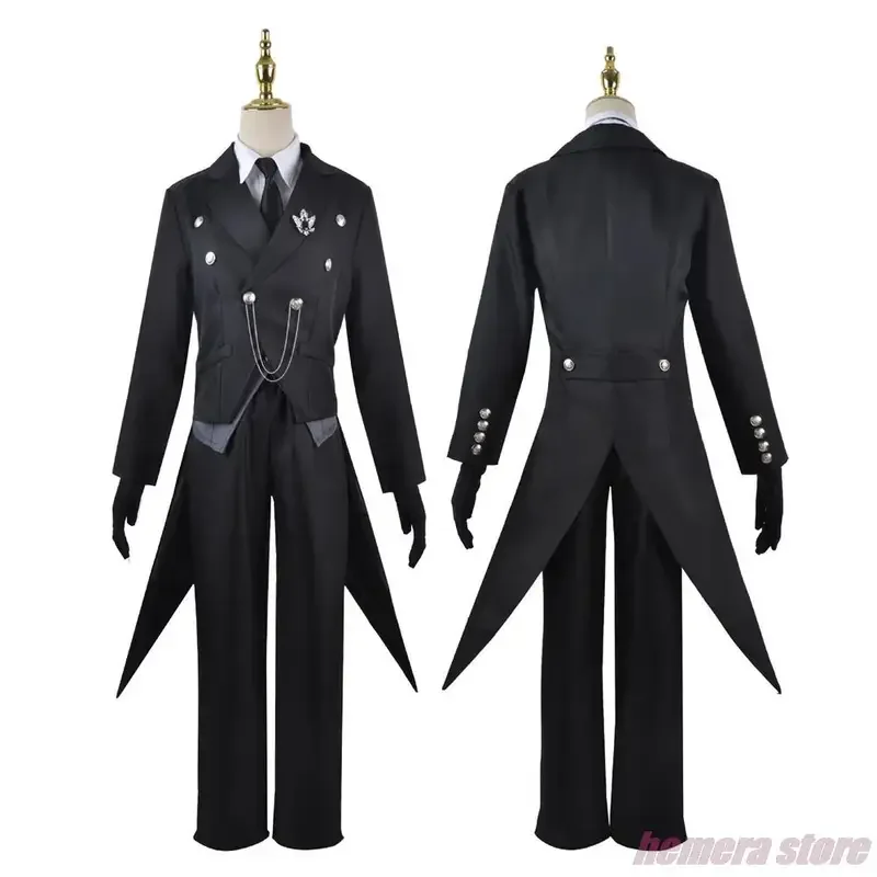 Black Butler Sebastian Michaelis Cosplay Costume Wig Black Uniform Swallowtail Top Pants Brooch Chain Tie Short Hair Halloween