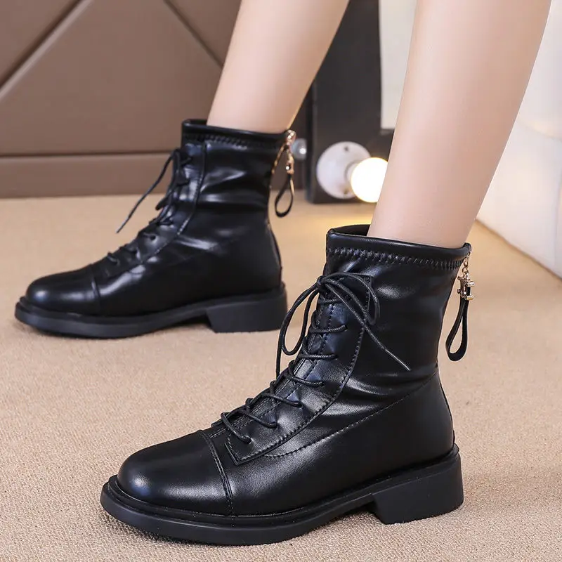 Sytlish women's boots Casual Autumn Lace Up Mid-calf Boots Fashion Khaki Black Leather Booties botas mujer 2024 tendencia