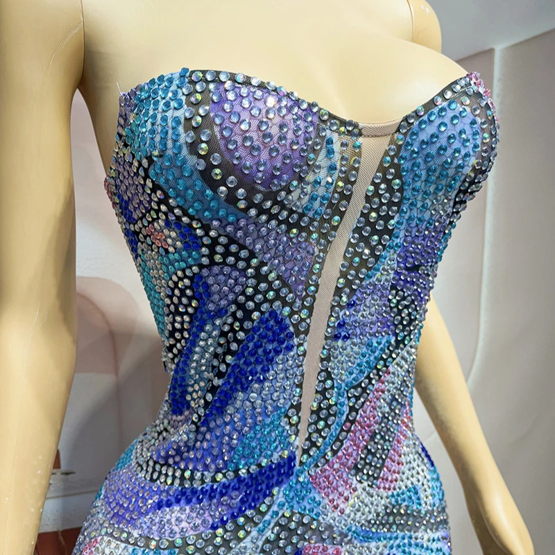 Sexy Tube Top Colorful Rhinestone Temperament Dress Birthday High-end Dress Concert Social Evening Wear Women Vallentain Dress