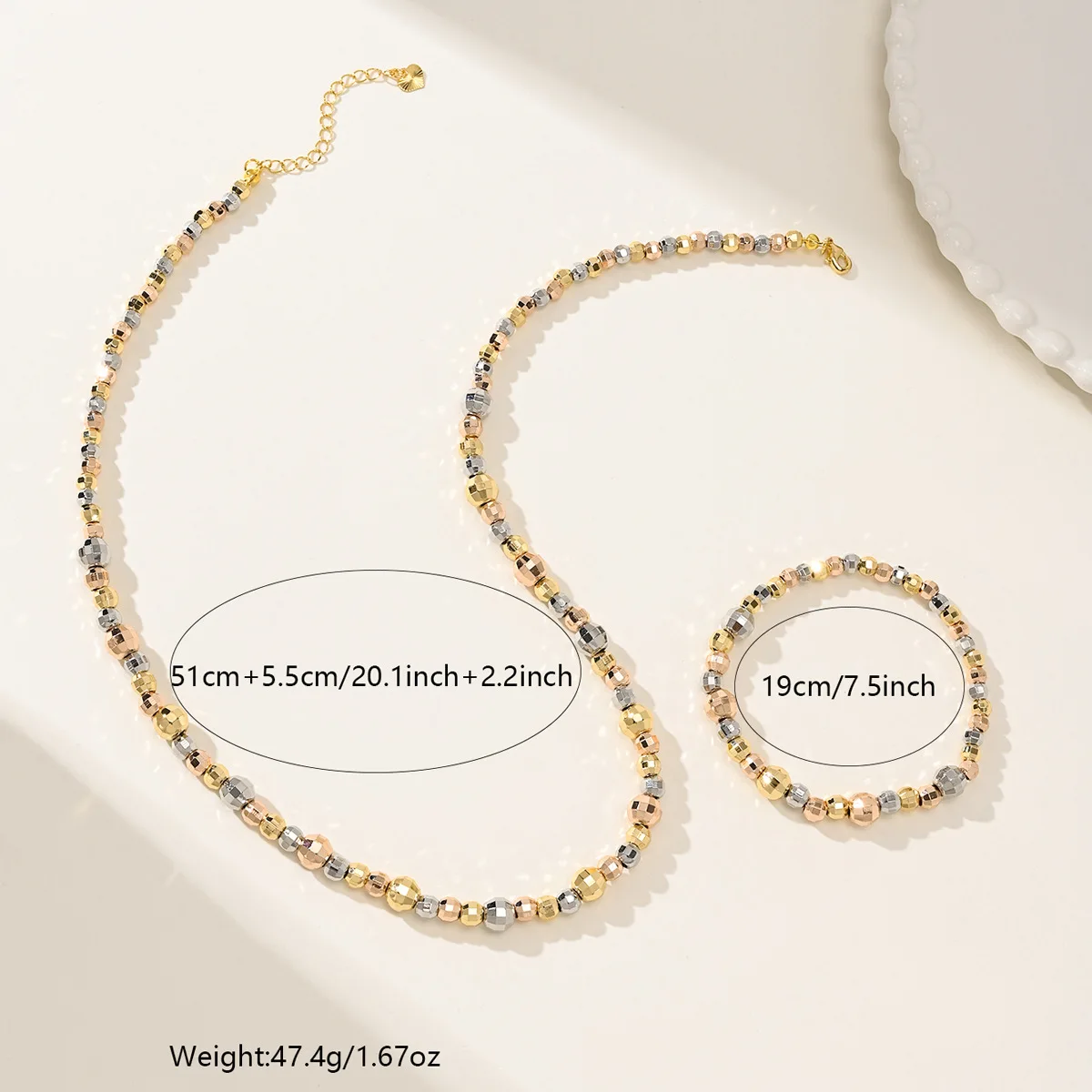 9999 gold fashion minimalist three-color beaded necklace bracelet - non-fading, high-end jewelry for wholesale purchase