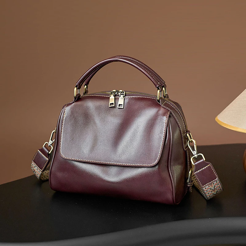 Genuine Leather Women Bag Vintage Vegetable Tanned Boston Bag Soft Leather Crossbody Live Stream Handbag Single Shoulder Bag