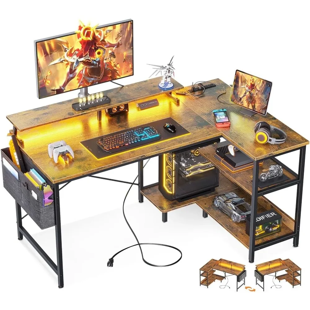 

Gaming Desk with USB Charging Ports and LED Lights Reversible L Shaped Computer Desk with Storage Shelves and Monitor Stand