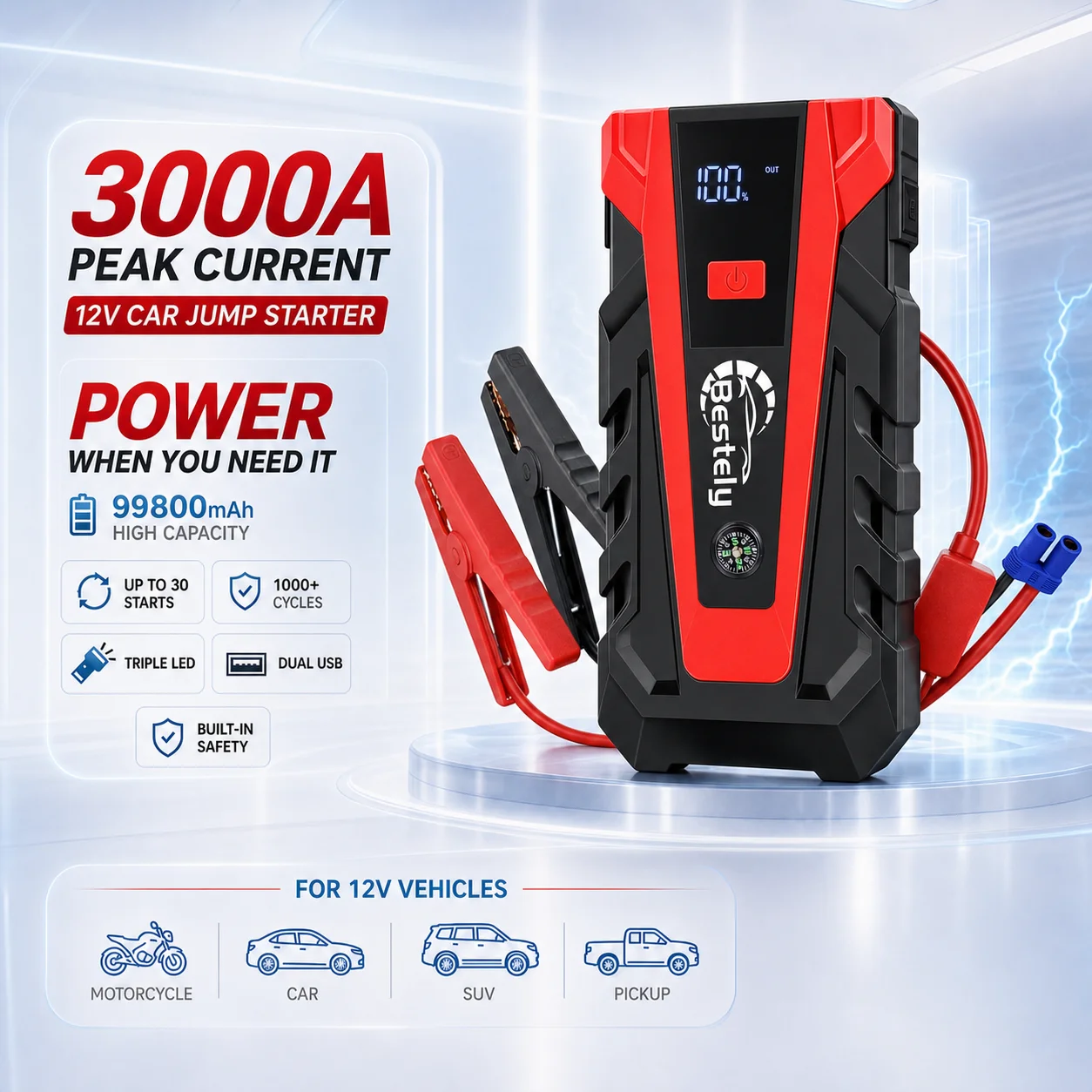 12V Car Jump Starter 99800mAh 3000A Portable Battery Starter Car Battery Starter with Power Bank LED Light Petrol Diesel Car