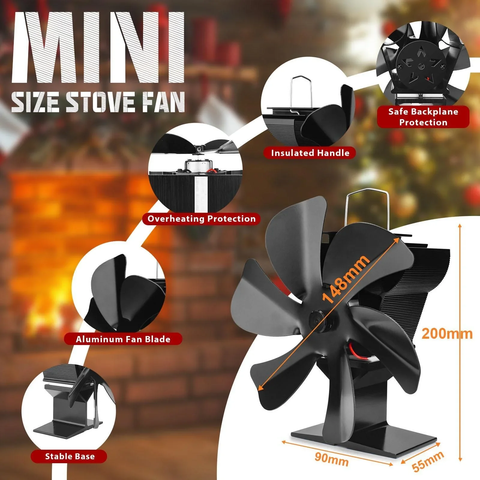 6 Blades Mini Stove Fan Heat Powered Fireplace Fan Log Wood Burner Ecofan Quiet Fireplace Fan Home Winter Warm Heat Distribution