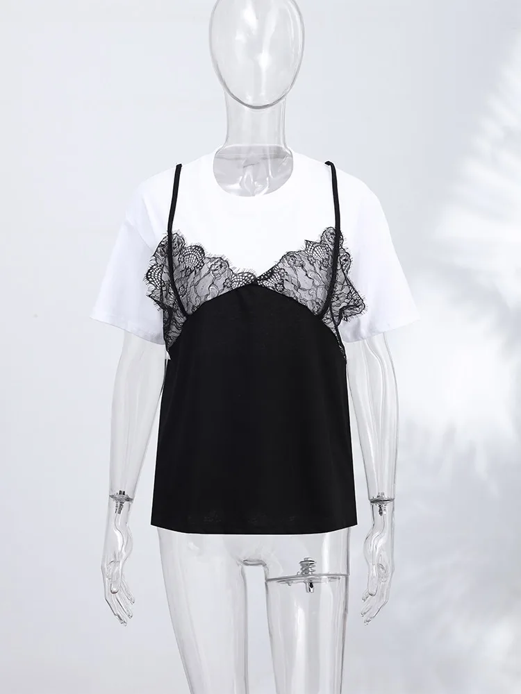Spitzen-Patchwork T-Shirt mit Fake-Zweiteiler-Effekt für Damen, Eleganter Rundhalsausschnitt, Kurzarm, Locker Geschnittenes Oberteil, Frühlings-Chic, Neue Club- und Partykleidung – Detail 10