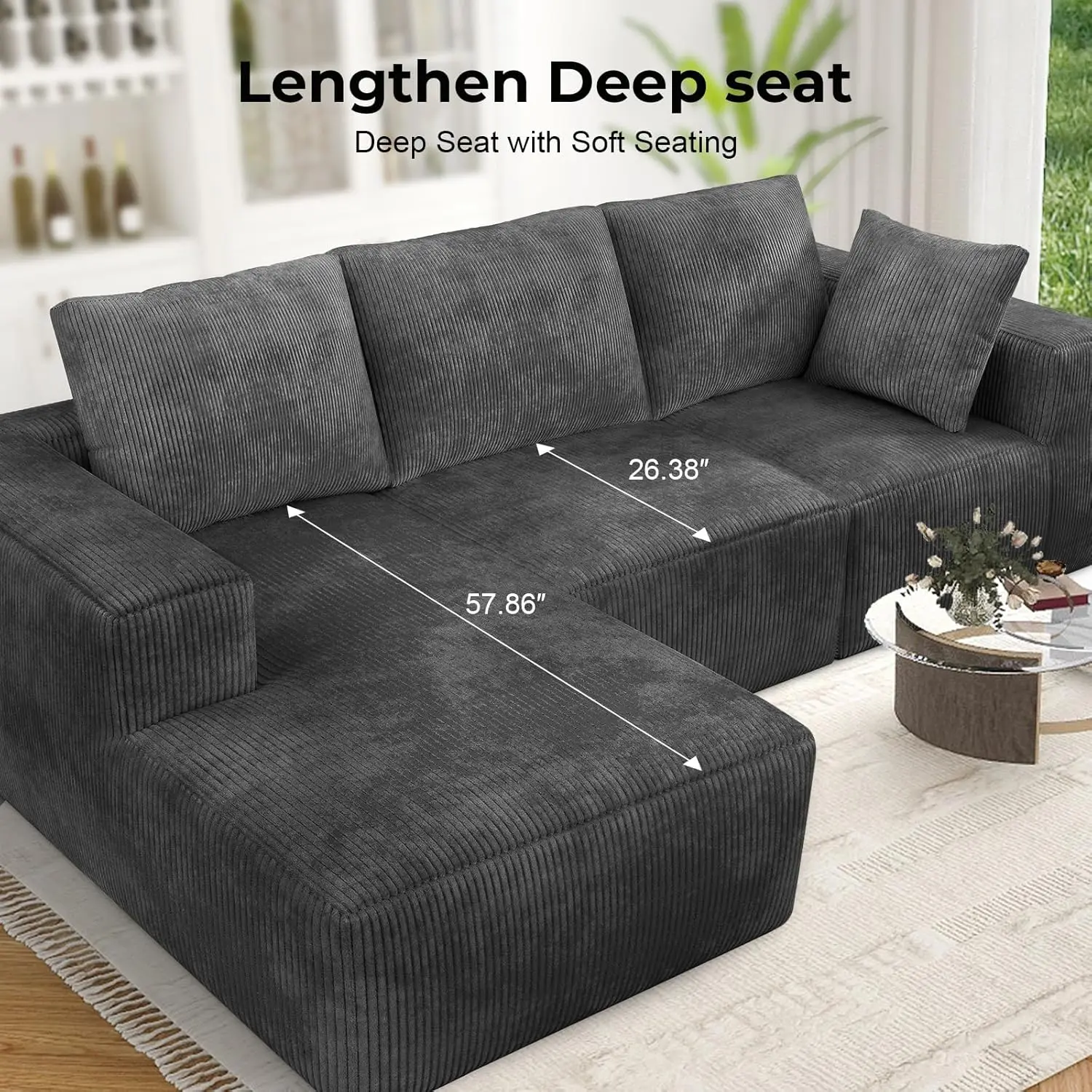 106”Cloud Modular Sectional Sofa, L Shaped Couch With Double Lounge Chaise & Deep Seat, No Assembly Required, Comfy Modern