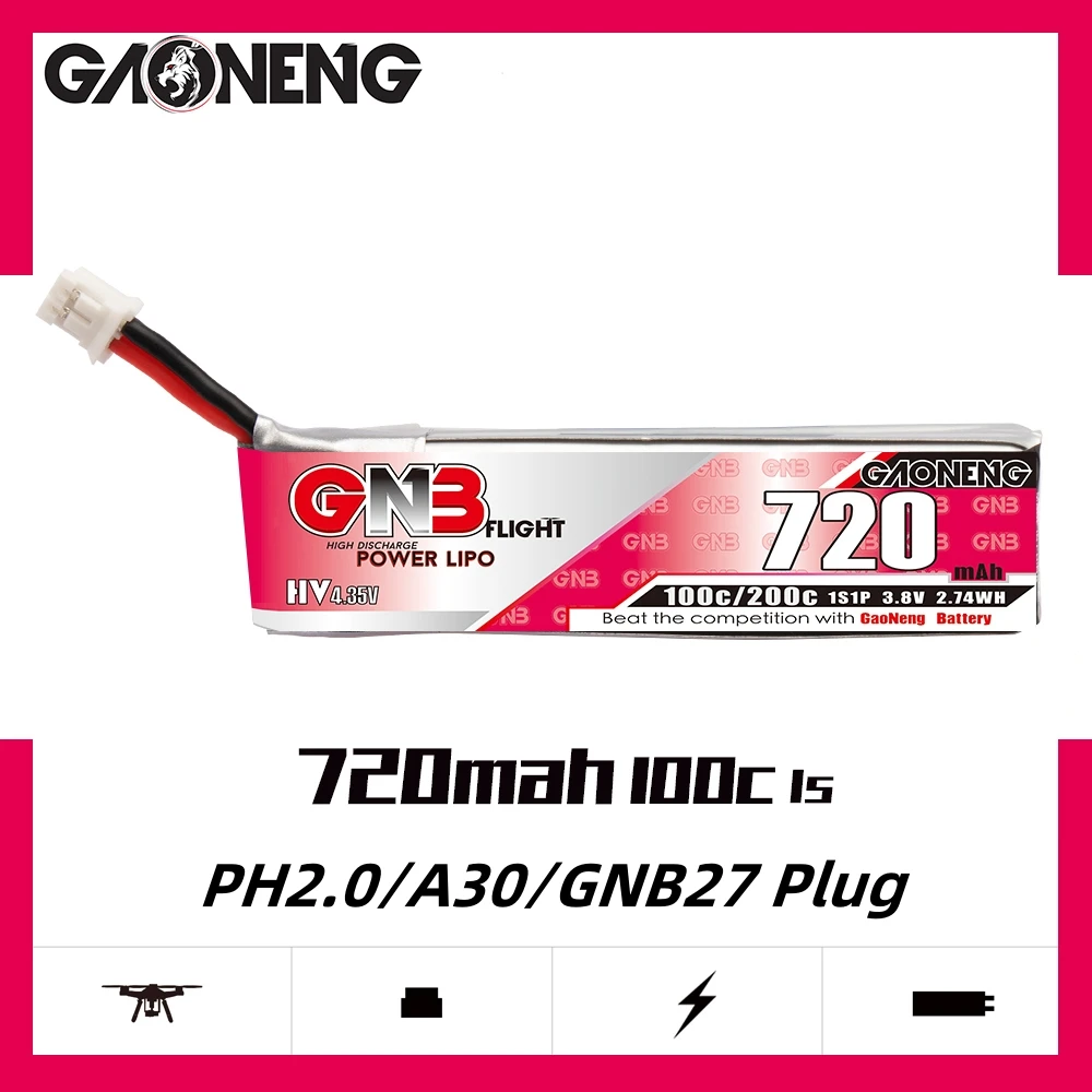 

6PCS Gaoneng GNB 720mAh 1S 3.8V 100C HV LiPo Battery with PH2.0/GNB27/A30 Plug for FPV RC Racing Drone Small Quadcopter