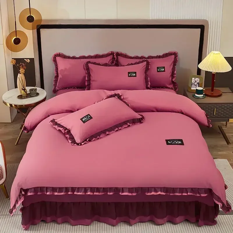 

Korean simple four piece bedspread set lace bedspread quilt cover princess style new bed skirt bedspread pillowcase set