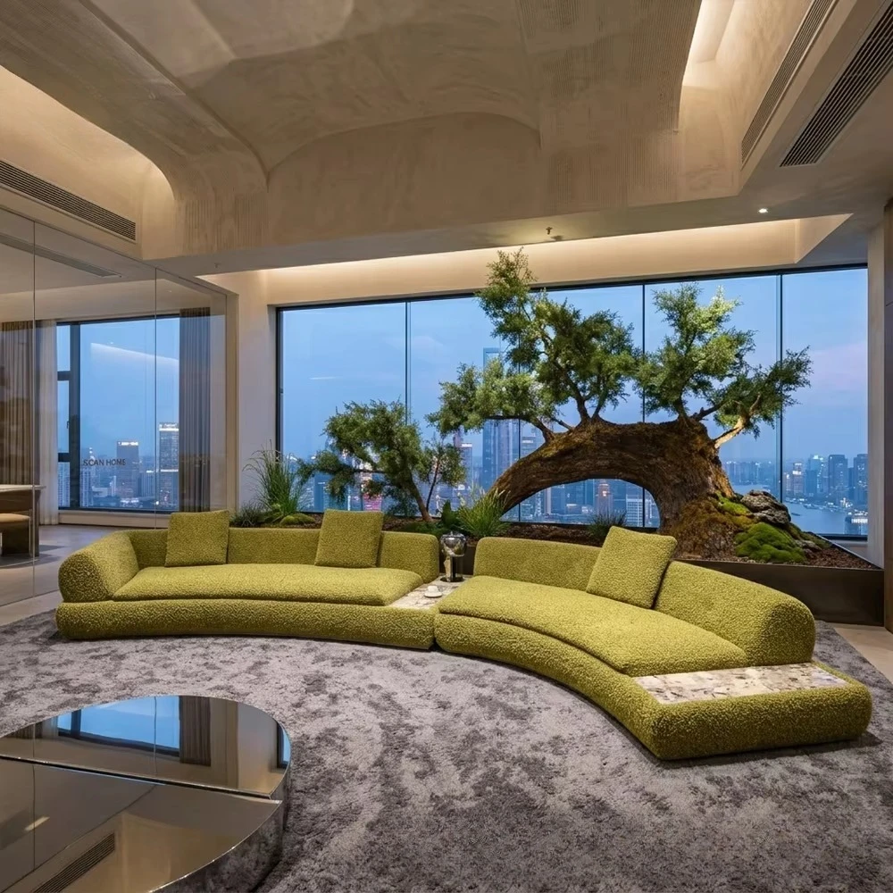 Modern Curved Sectional Sofa Boucle Fabric Couch with Marble Side Table for Villa Hotel Living Room Furniture Custom One-Stop