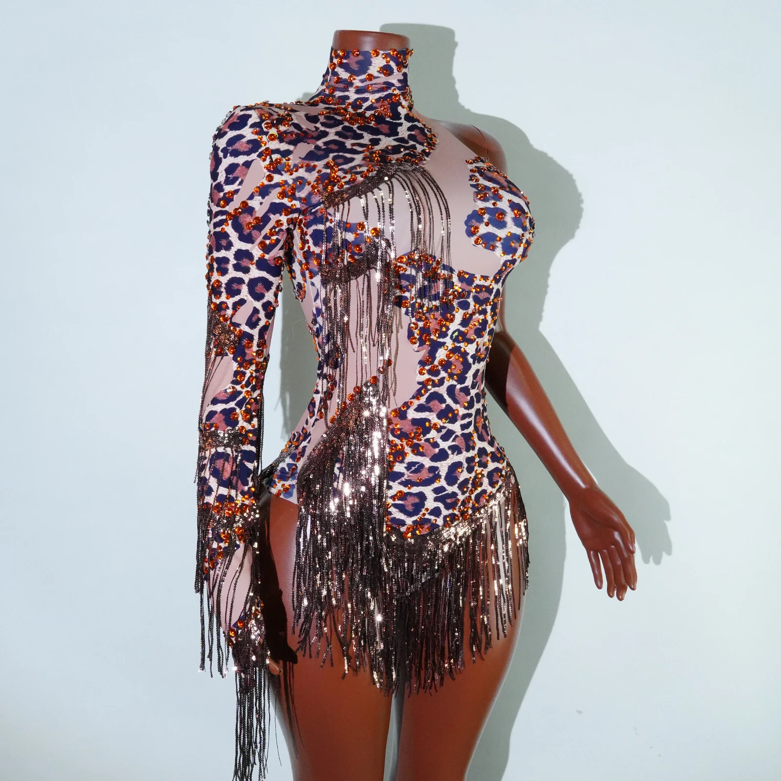 Sexy Skinny Trikot Sänger Tänzer Show Bühne Tragen Sparkly Leopard Strass Frauen Tanz Kostüm Fransen Eine Schulter Body