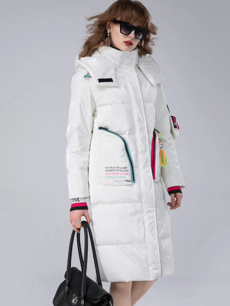 Winter Clothing Glossy Waterproof Coat Women Long 90% White Duck Down Coat Thick Loose Outerwear Warm Down Jacket Hooded Parkas