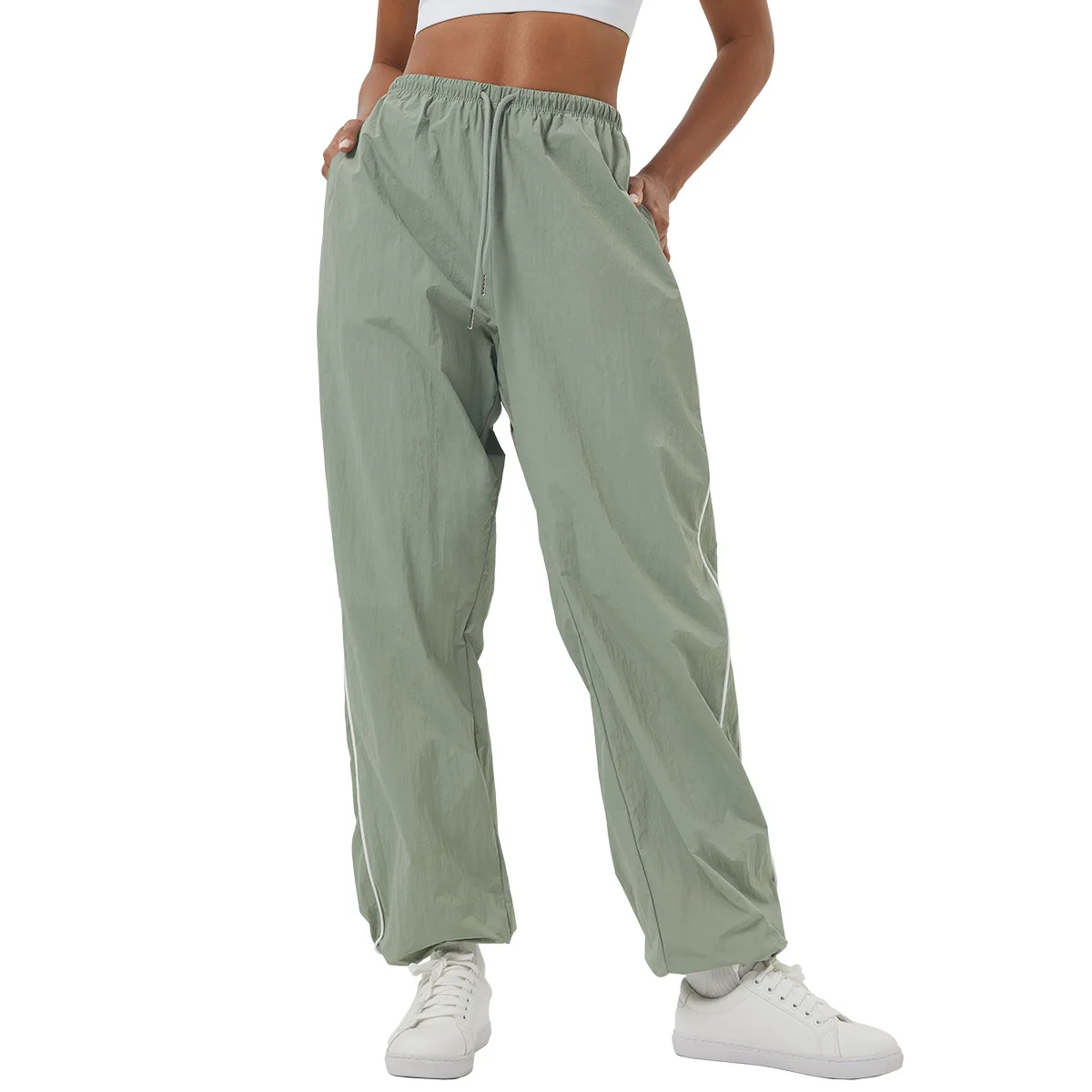 

Mermaid Curve Contrast Casual Overalls Drawstring Pocket Sports Pants Loose Straight Pants Indoor Fitness Pants