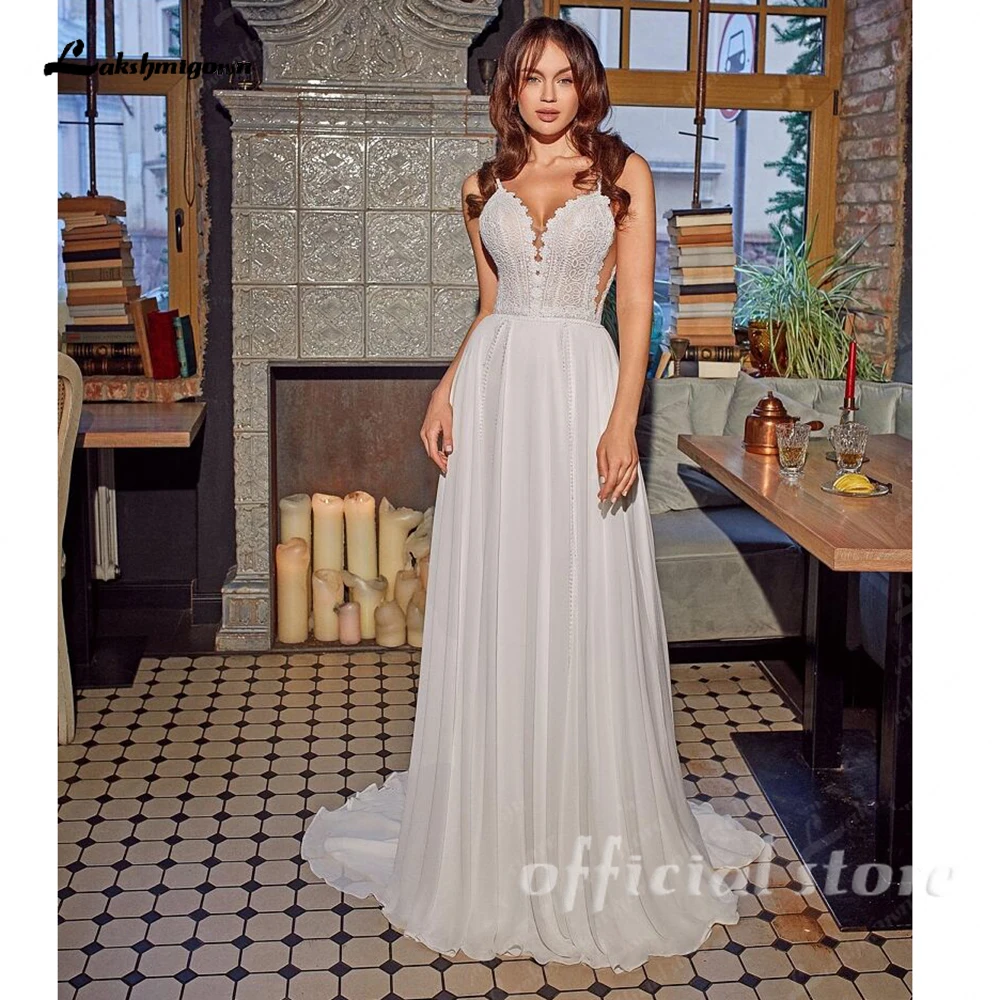 Lakshmigown Boho-Spitzen-Chiffon-Hochzeitskleid, klassische Spaghettiträger, A-Linie, V-Ausschnitt, offener Rücken, Brautkleid, individuell anpassbar – Detail 5